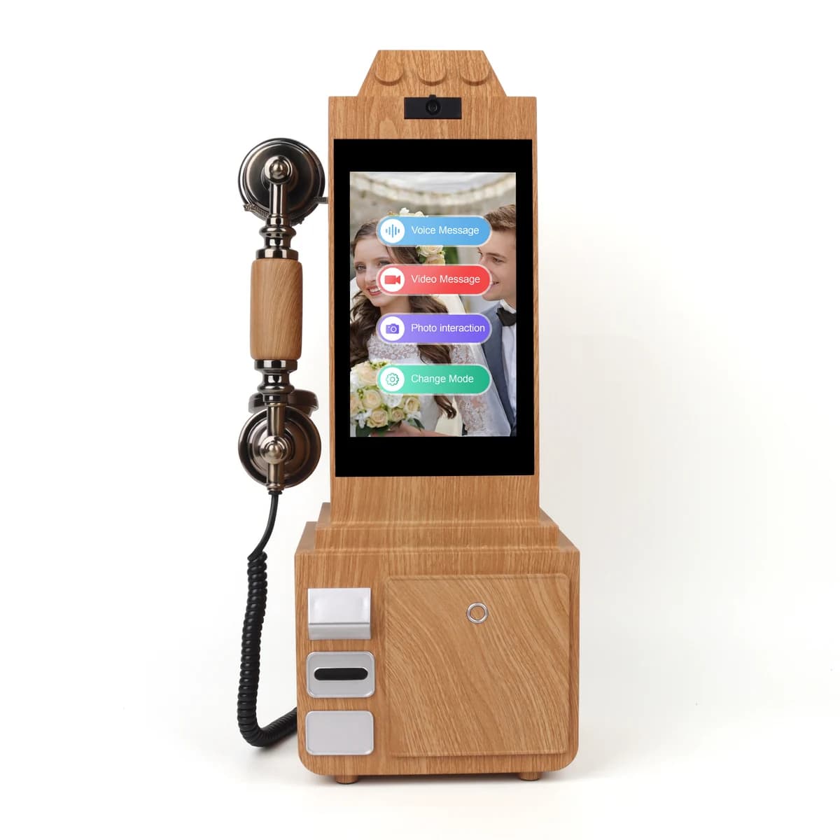Natural Oak Cheeta video guestbook phone shown from the front
