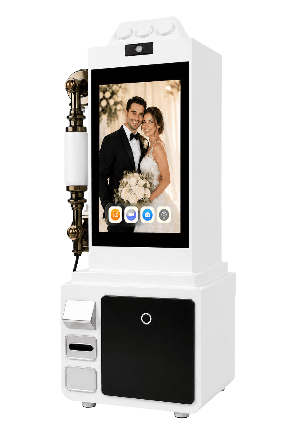 White retro-style Video Guestbook Phone with a vertical wedding video screen